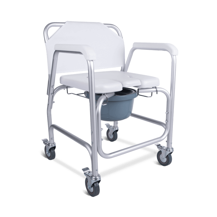 Silla inodoro con ruedas. Asiento en forma de herradura.